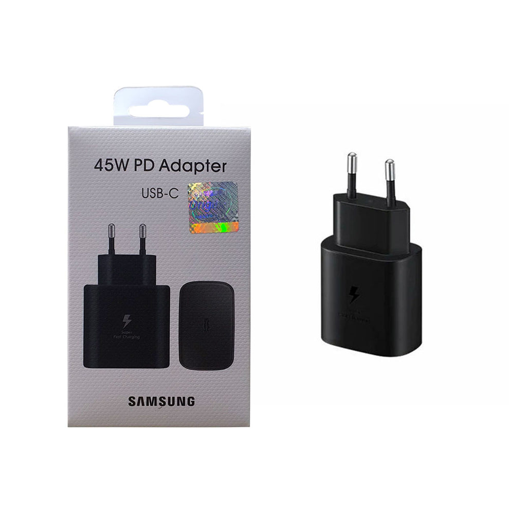 Samsung 45W PD adapter with packaging on a white background