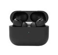 Black wireless earbuds in a charging case on a white background