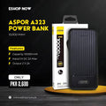A black Aspor A323 Power Bank with a textured finish, shown alongside its white and yellow retail packaging box on a dark background with promotional text.