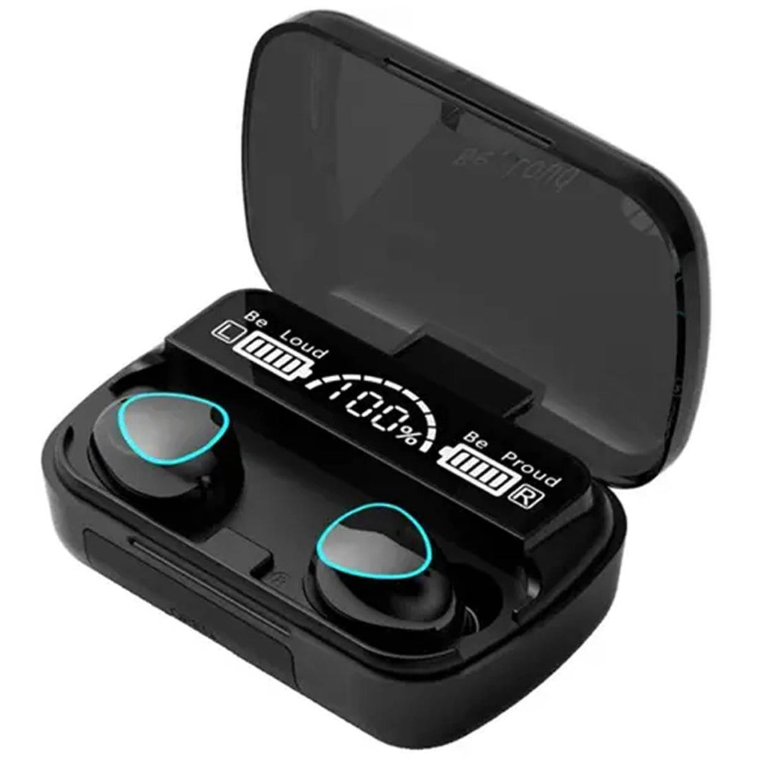 Black wireless earbuds with digital display in charging case on white background