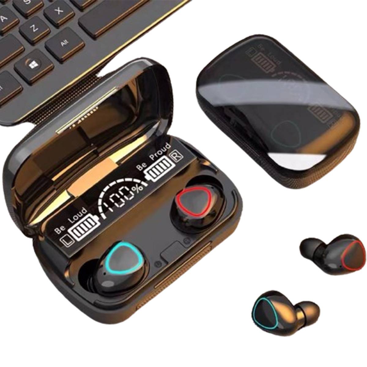 Wireless earbuds with charging case on a white background