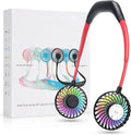 Colorful handheld fan with rainbow blade design next to its packaging box.