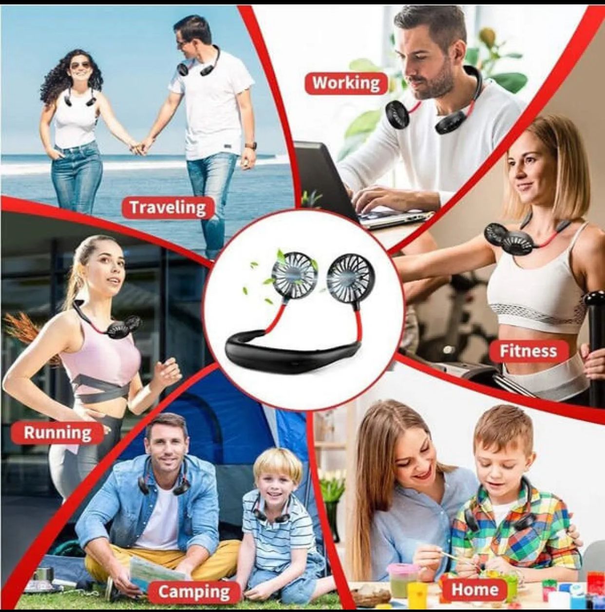 Collage of people in various activities with a product labeled 'Working', 'Traveling', 'Fitness', 'Running', 'Camping', and 'Home'.