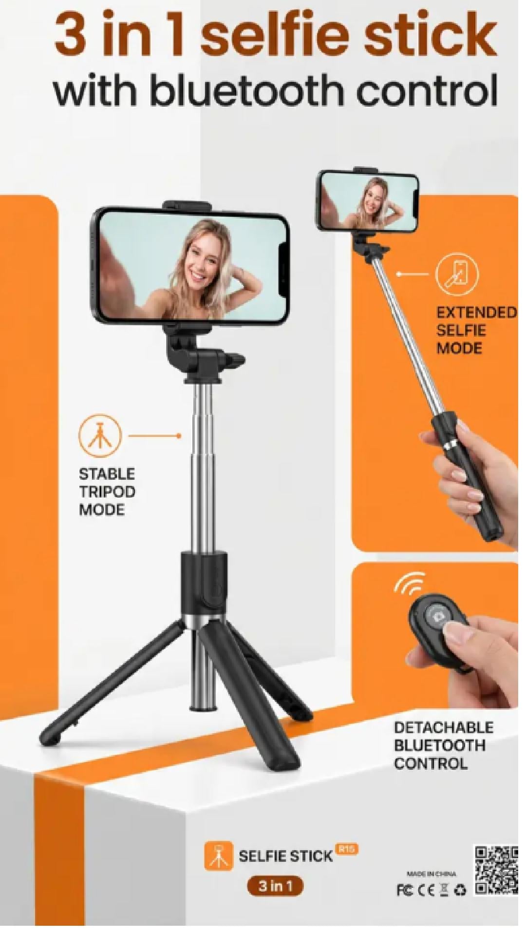 3-in-1 Bluetooth selfie stick tripod video showing extendable and foldable design with remote