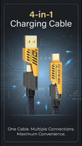 4-in-1 fast charging cable video showing USB-C, Micro USB, Lightning and USB-A connectors in use