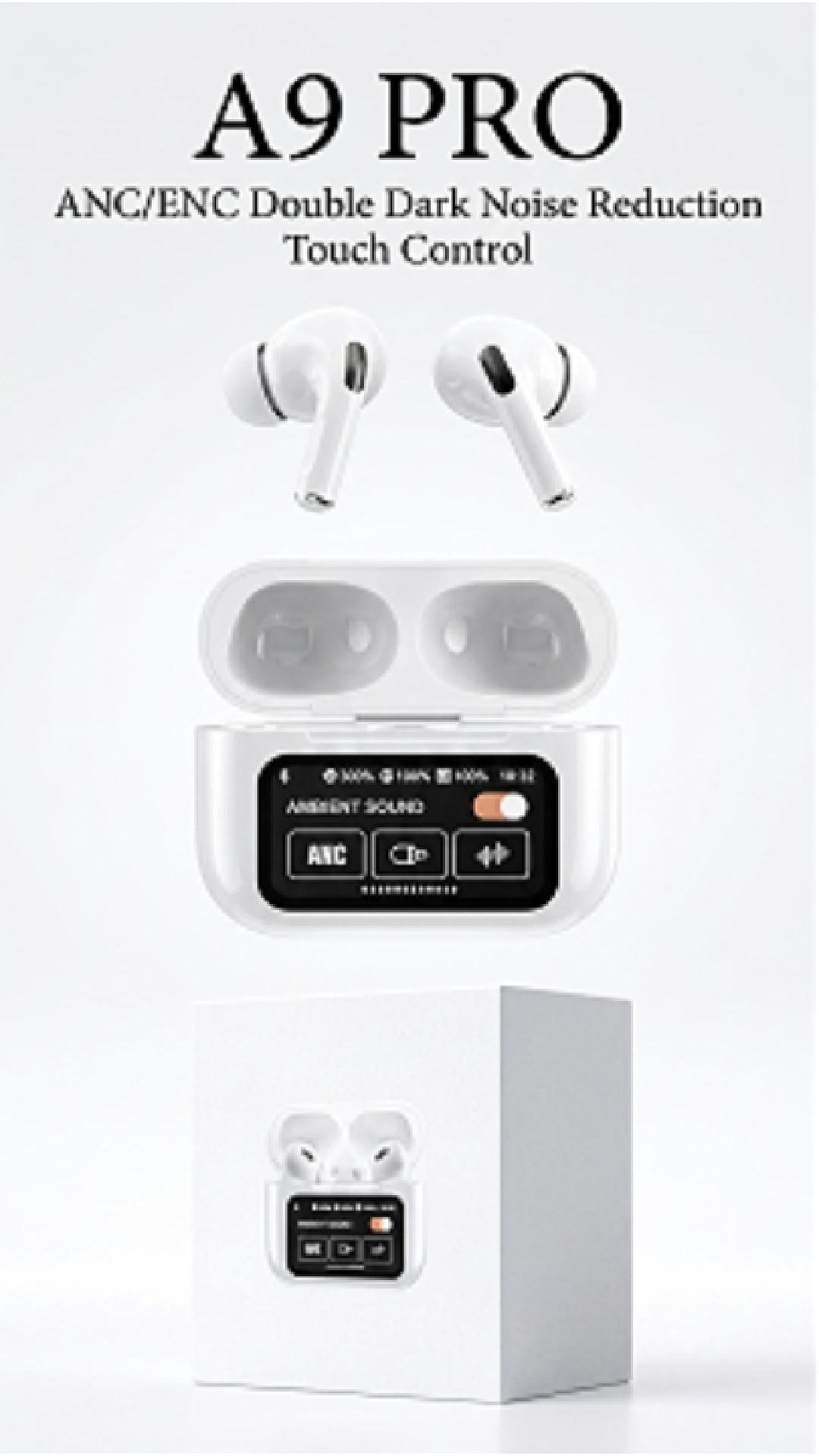 A9 Pro AirPods video showing touch screen case and ANC wireless earbuds