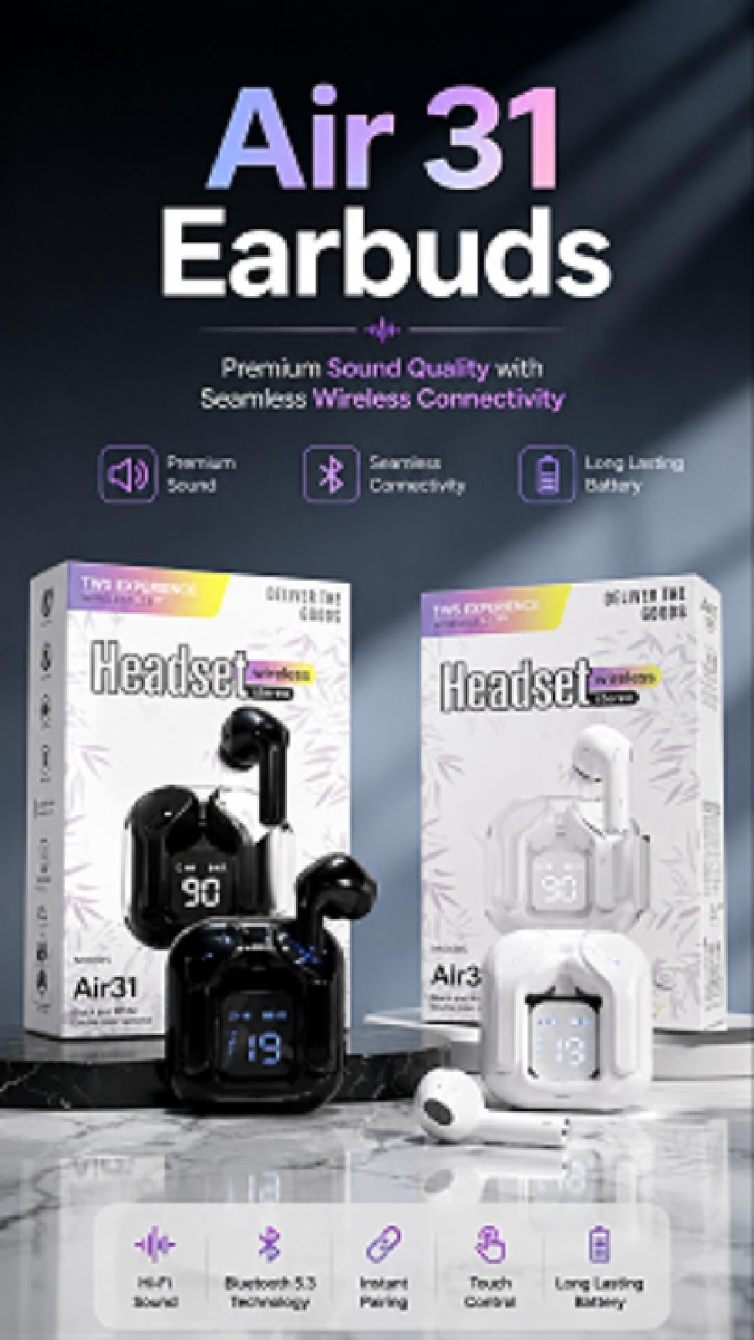 Air 31 TWS transparent earbuds video showing see-through design with LED display