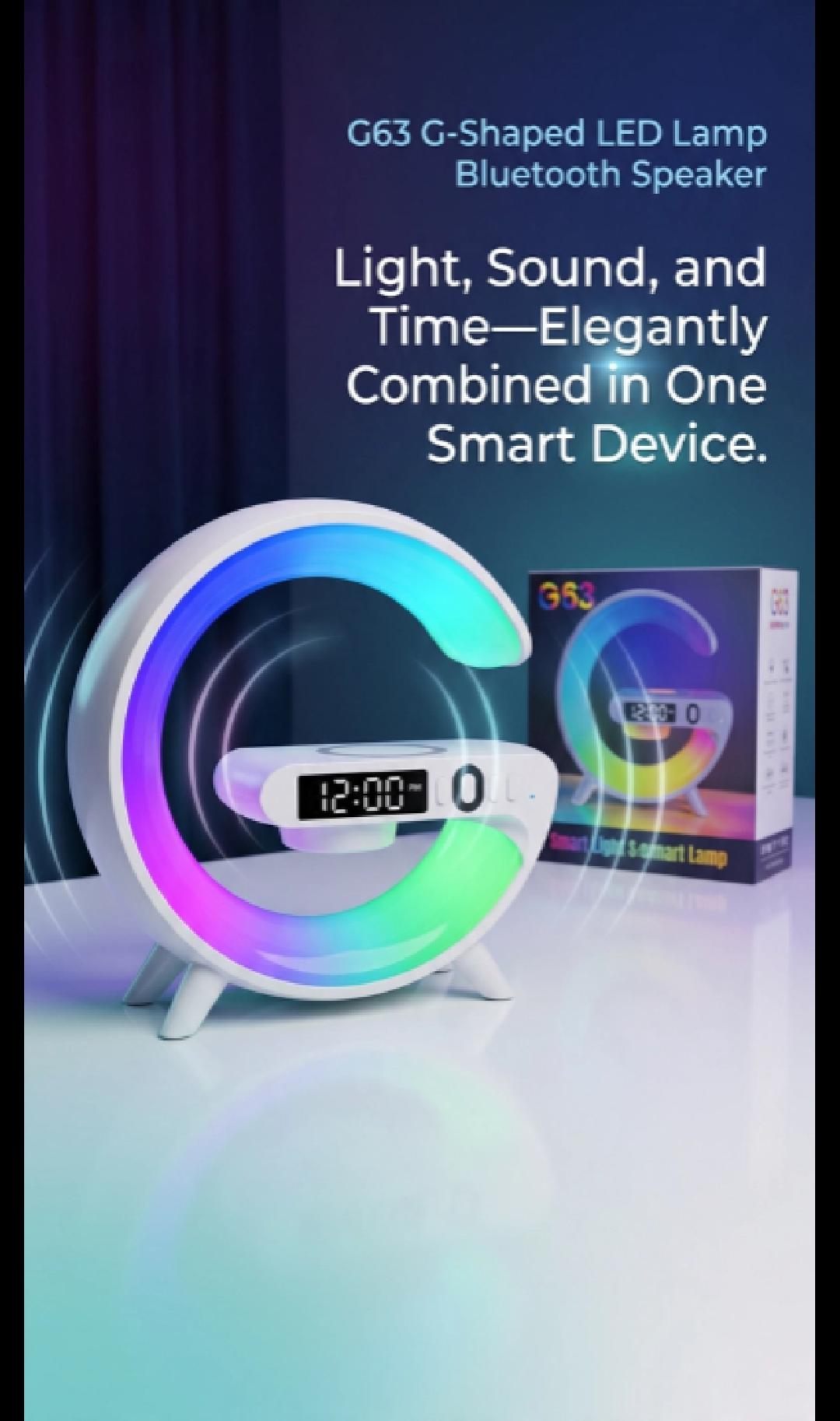 G63 G-shaped LED lamp Bluetooth speaker video showing mood lighting and digital clock