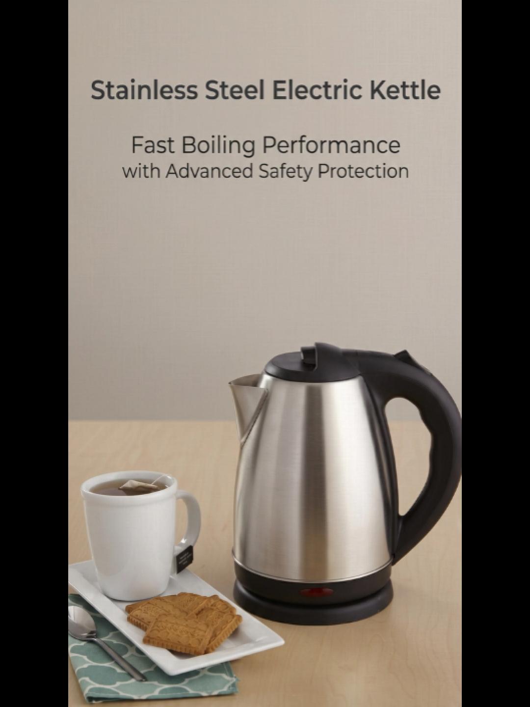 Stainless steel electric kettle video showing boiling water with auto shut-off