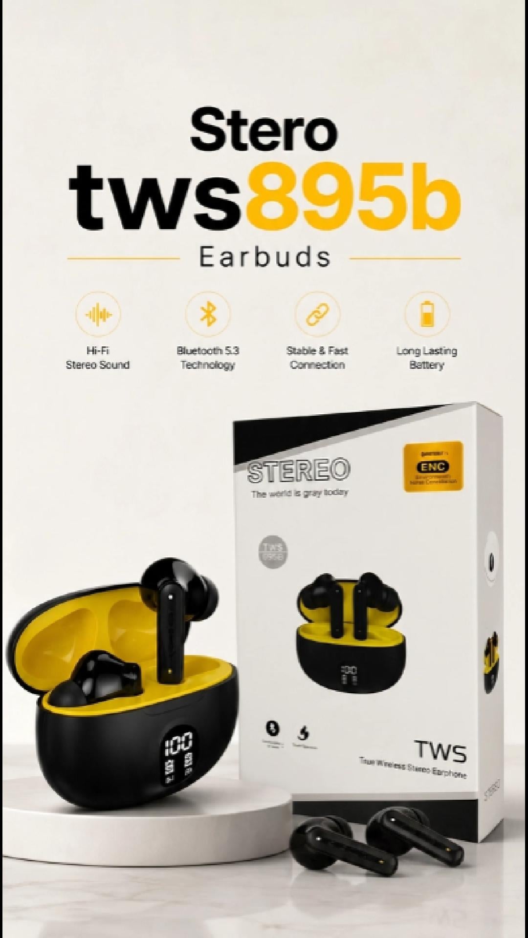 TWS 895B wireless earbuds video showing ENC noise cancellation and LED display