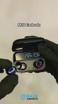 M10 TWS wireless earbuds video showing power bank charging case and IPX7 waterproof design