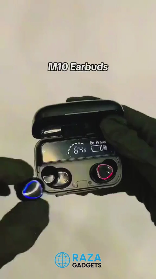 M10 TWS wireless earbuds video showing power bank charging case and IPX7 waterproof design
