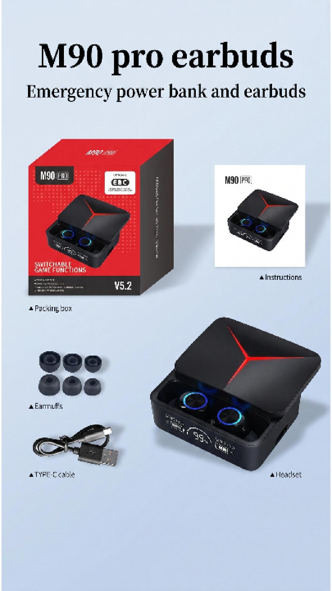 M90 Pro TWS gaming earbuds video showing 9D Hi-Fi sound and LED display