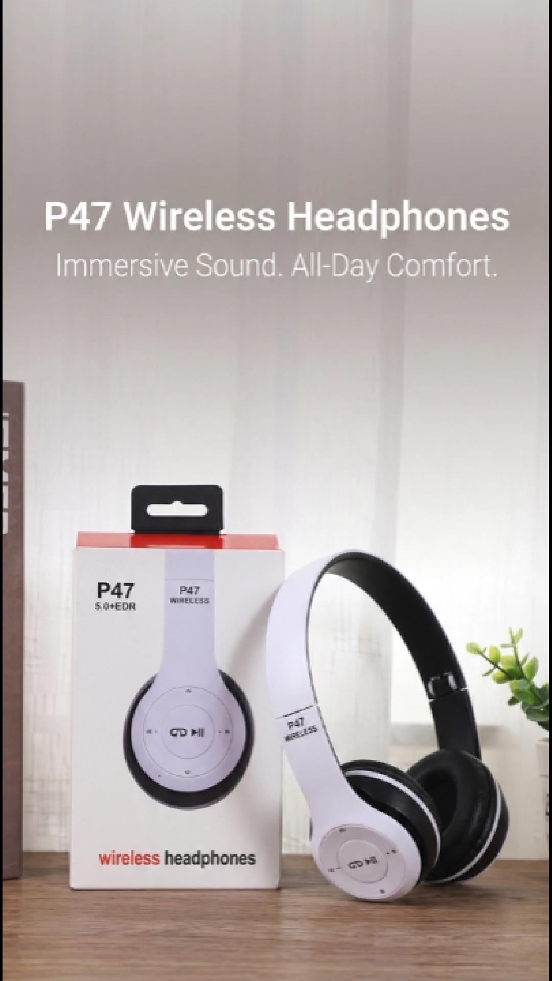 P47 wireless Bluetooth headphones video showing FM radio and TF card features