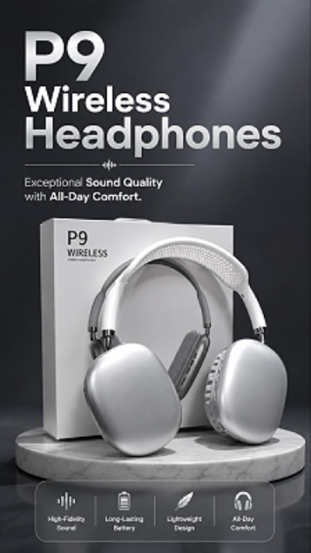 P9 wireless over-ear headphones video showing HD stereo Bluetooth sound in use