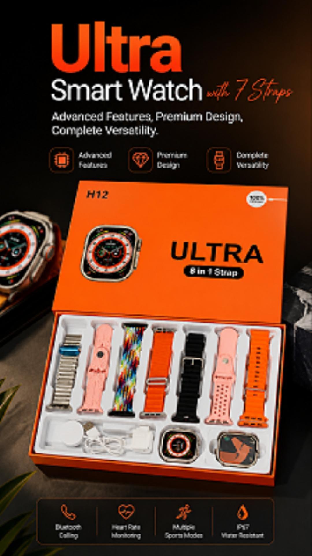 Ultra smart watch with 7 straps video showing 49mm display and Bluetooth calling