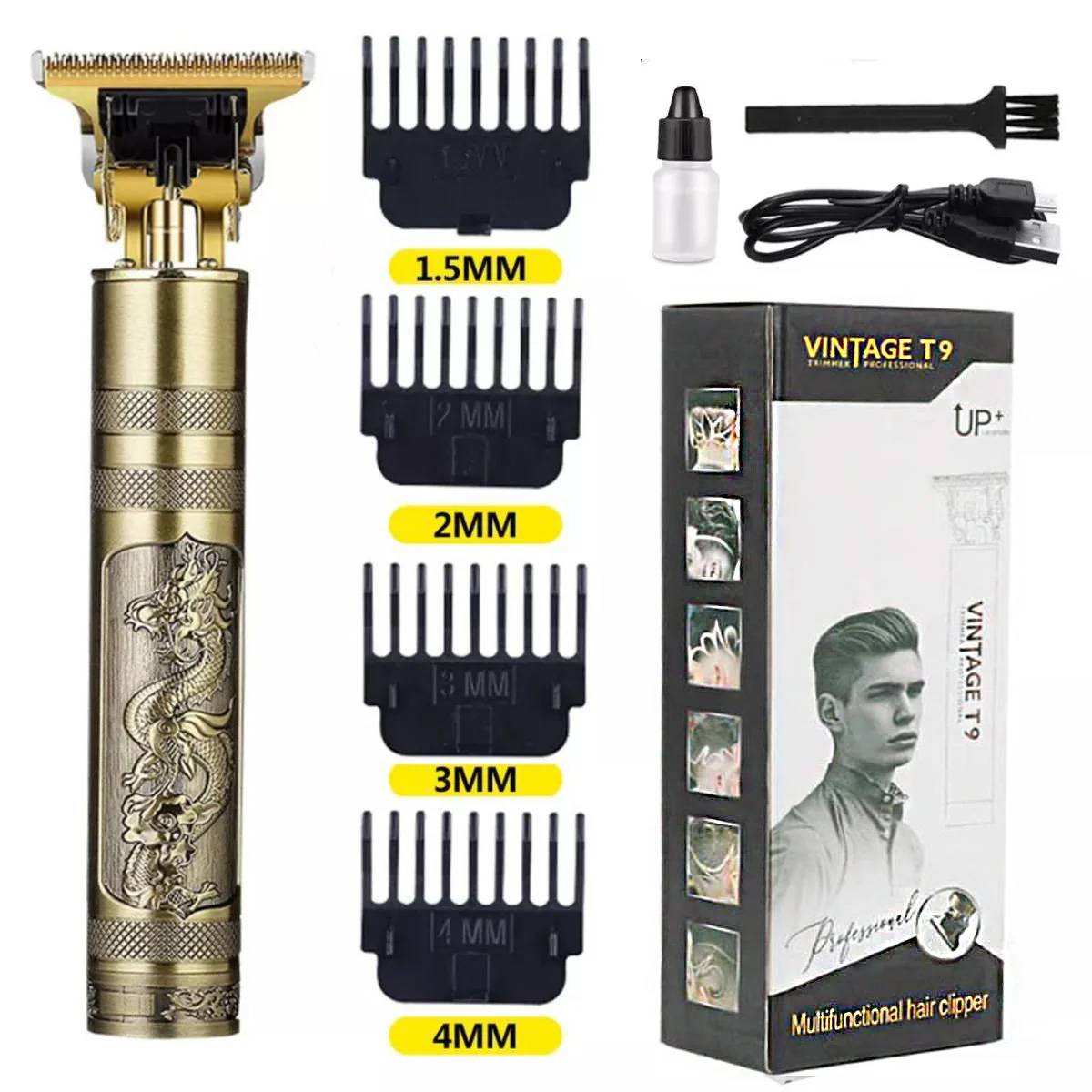 Multifunctional hair clipper set with attachments and packaging on a white background