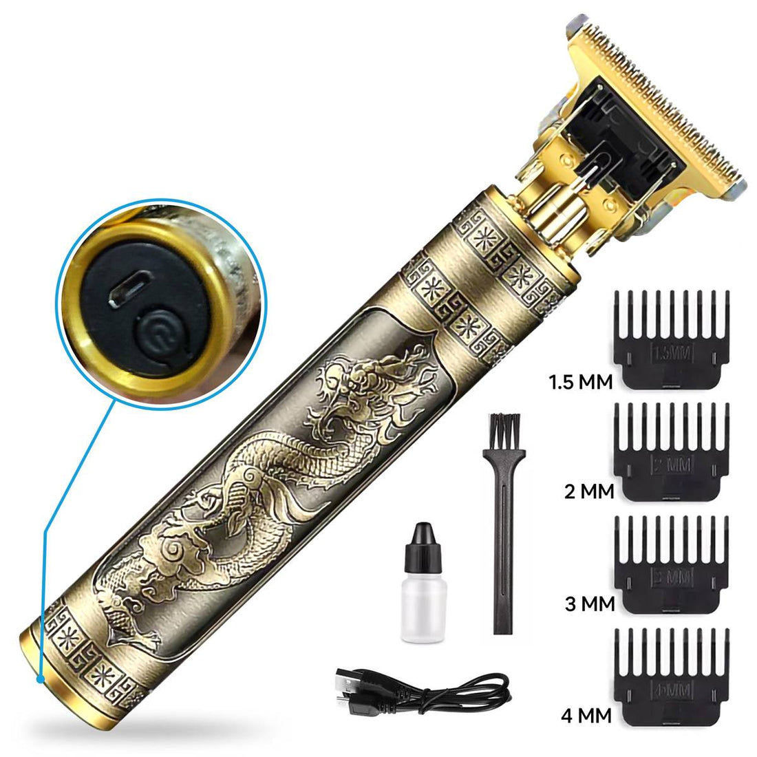 Vintage T9 professional hair trimmer with attachments and packaging on a white background